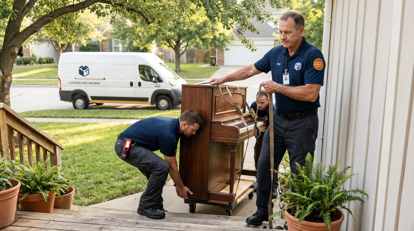 Licensed piano movers securing grand piano in Turtle Lake, WI