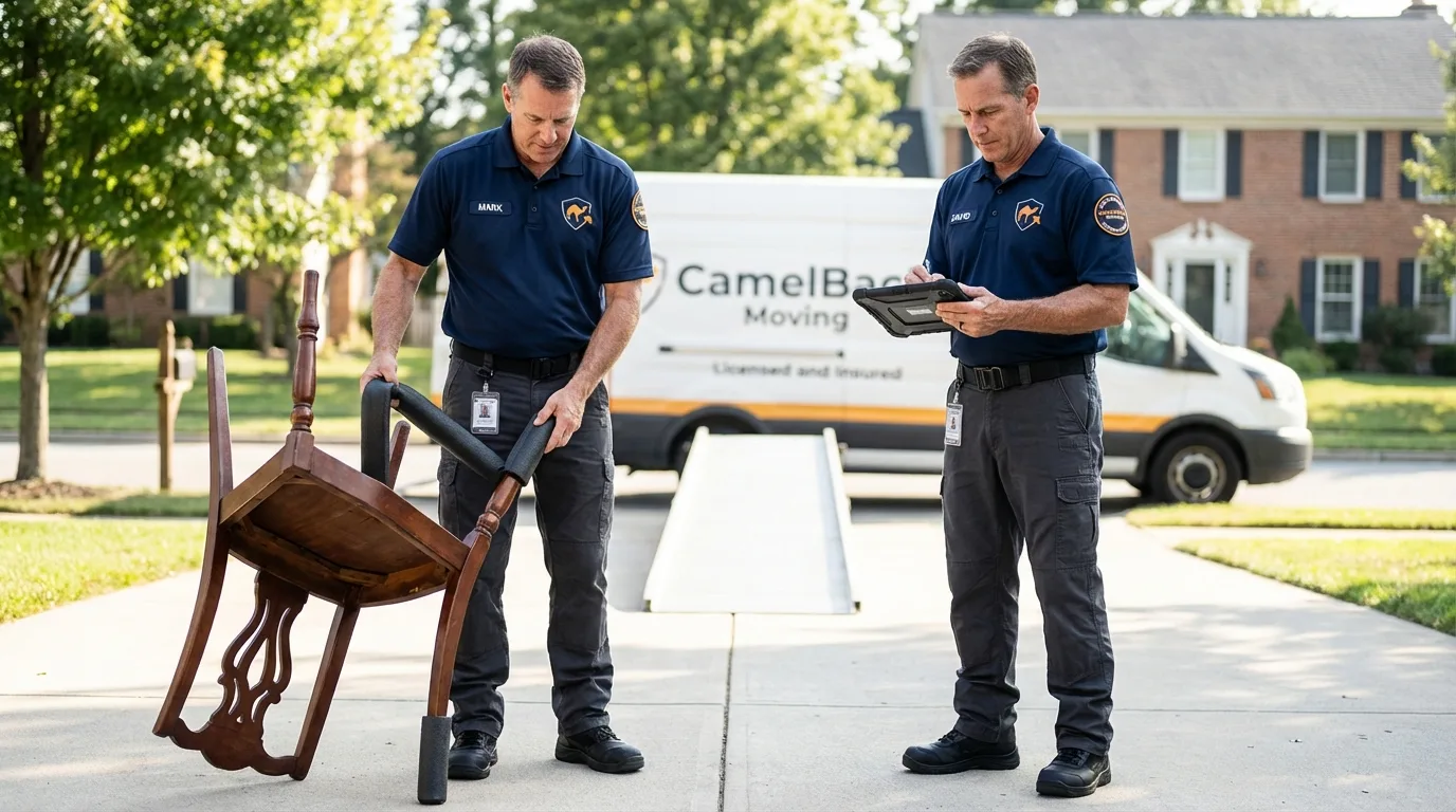 Movers inspecting furniture for damage prevention before loading in Turtle Lake, WI