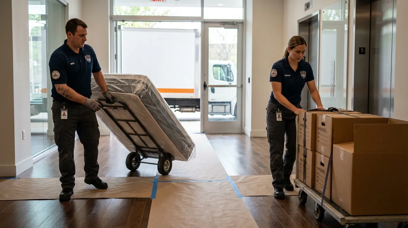 Professional apartment movers loading elevator in Turtle Lake, WI