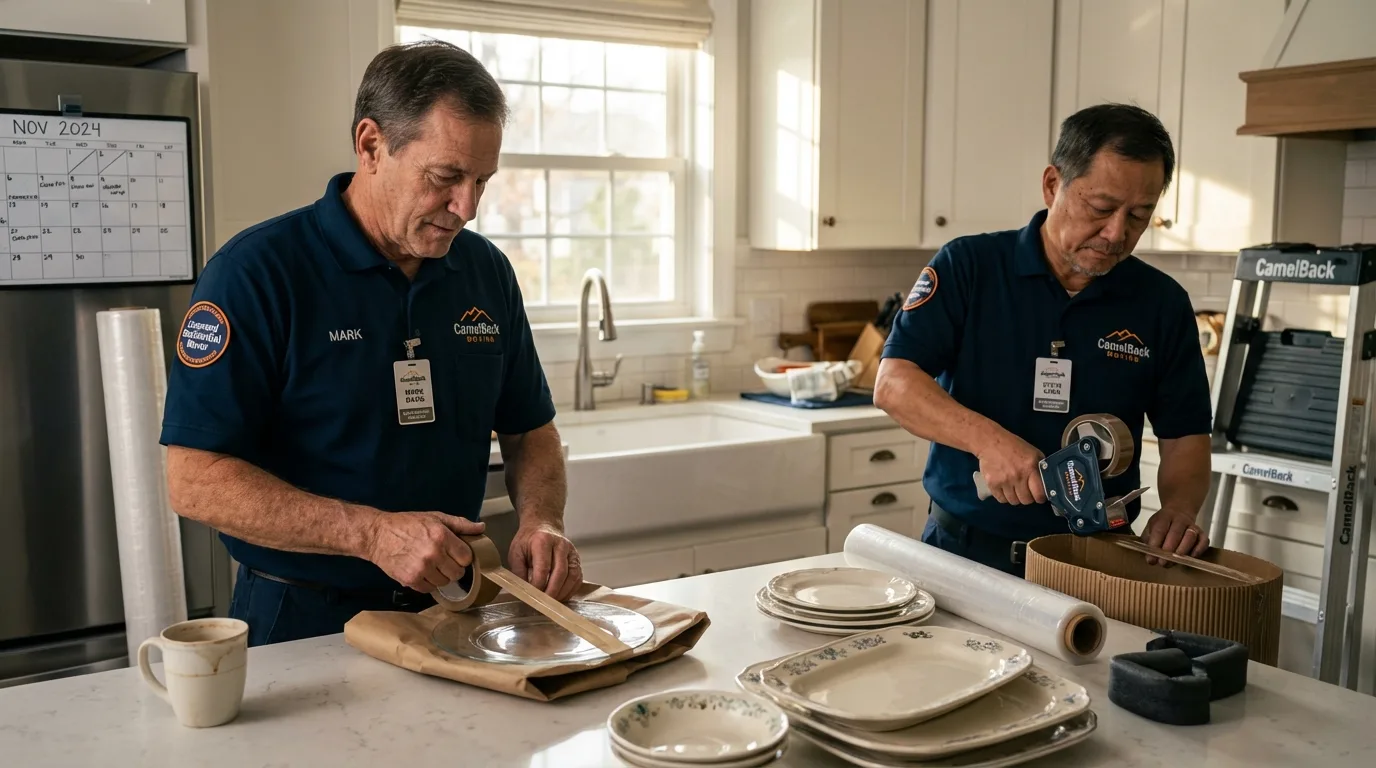 Professional crew packing kitchen dishware in Turtle Lake, WI